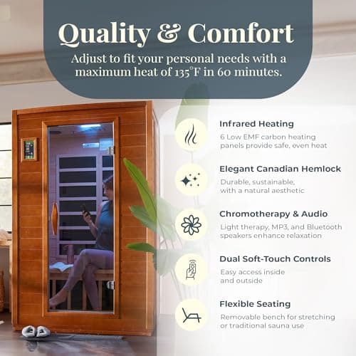 DYNAMIC SAUNAS Andora 2-Person Low EMF FAR Infrared Sauna with Red Light & Bluetooth Speakers | Personal Indoor Spa for Home & Gym – Made from Canadian Hemlock