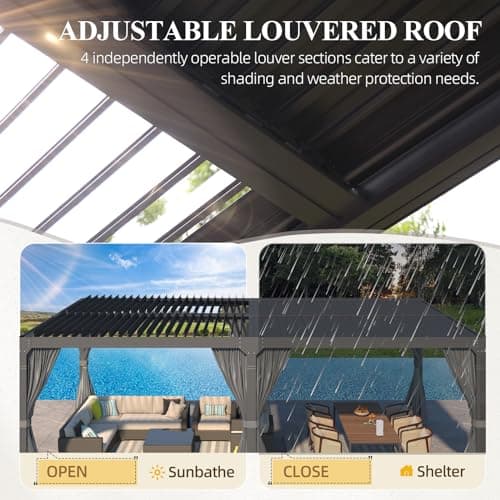 MELLCOM Louvered Pergola 12x24, Aluminum With Adjustable Roof, Outdoor With Waterproof Curtains and Nets, Dark Grey