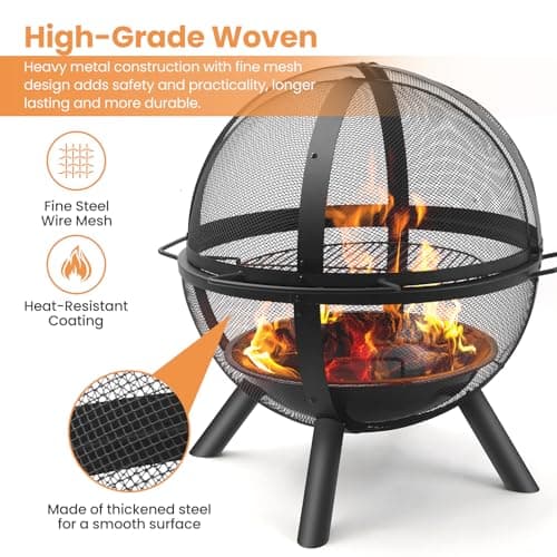 Ikuby Ball of Fire Pit 35" Outdoor fire with BBQ Grill Globe Large Round Pit,Patio Fireplace for Camping, Heating, Bonfire and Picnic