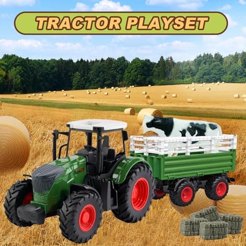 Farm Toys Tractor with Trailer-16.5 Inches Tractor Playset 1/24 Scale Gripper Frontloader Spreader for Boys Kids Toddlers Age 3-7 Years Old