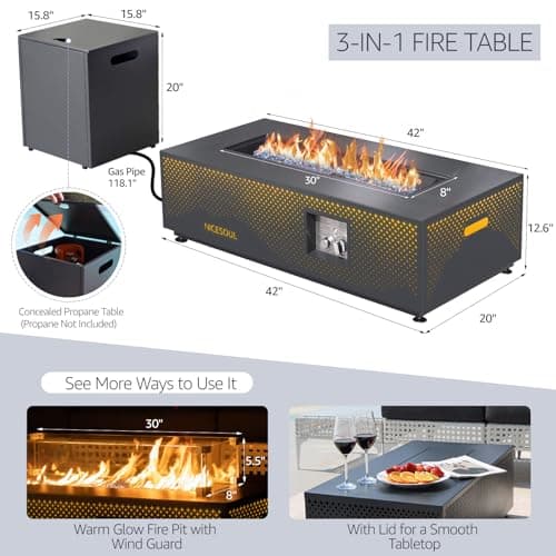NICESOUL 42'' Propane/Natural Gas Fire Pit Table, Rectangle Firepits with Tank Table, 50000 BTU Modern Outdoor Fireplace with LED Lights for Outside Patio Backyard Deck Porch, CSA Certified, Dark Gray