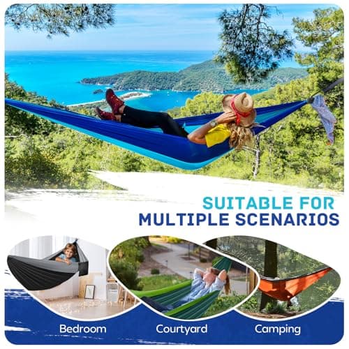 Camping Hammock Lightweight, Portable Hammocks Parachute Hammock with Two Tree Straps, Single or Double Travel Swing Nylon Camp Hammocks, Outdoor Essentials for Beach Backpacking Hiking, Blue