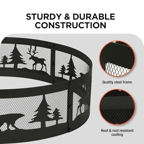 Red Mountain Valley 36 Inch Fire Pit Ring with 360° Forest & Wildlife Design, Portable Steel Wood Burning Firepit Ring for Outdoor Camping, Bonfires, Beach,Patio, fire Pit kit, Black