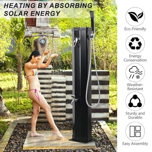 7.2 FT Outdoor Solar Heated Shower, 9.3 Gallon Shower with Shower Head and Foot Shower Tap for Poolside Backyard Beach Pool Spa, Black