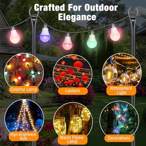 String Light Poles 4 Pack,10FT Metal String Light Poles for Outside, Adjustable Outdoor Poles for Patio, Deck, Garden, Wedding, Backyard, Christmas Party Decor, Sturdy with Hooks(Bulb Not Included)