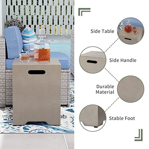 COSIEST 35-inch Square Outdoor Sandstone Propane Fire Pit w Wind Guard and Side Table, CSA Certified, 50,000 BTU Stainless Steel Burner, Free Lava Rocks and Rain Cover, Metal Lid(Gray)