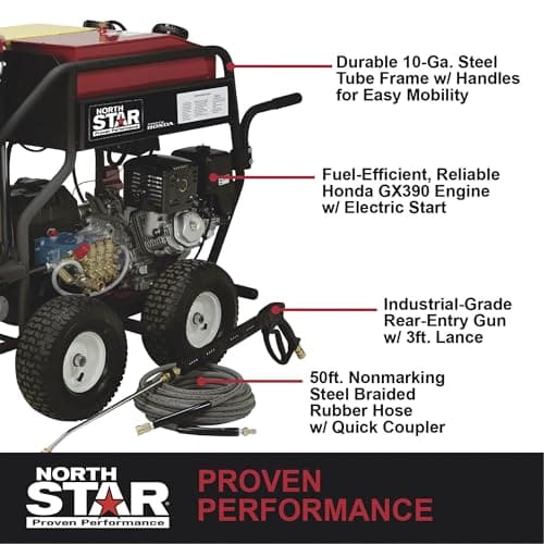 North Star Hot Water & Wet Steam Pressure Washer with Power Nozzles, Lance, Washing Gun, and Hose - Gas Powered, 3000 PSI, 4 GPM, Electric Start Honda Engine
