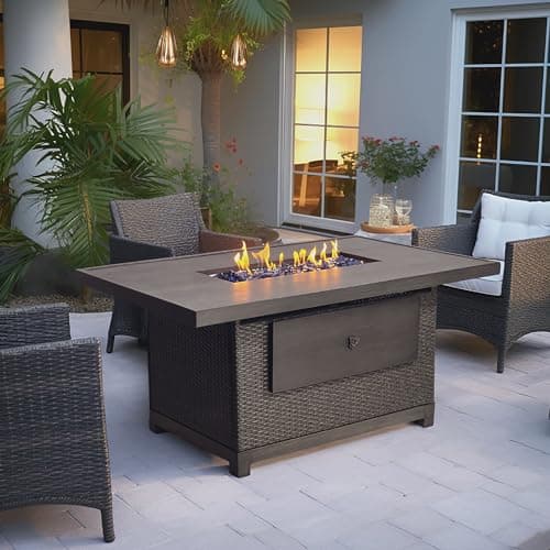 Kinger Home Novi Rattan 52-Inch Propane Gas Fire Pit Table with Rectangular Aluminum Frame - CSA Certified, 50,000 BTU Outdoor Patio Firepit, Includes Wind Guard and Fire Glass, Grey