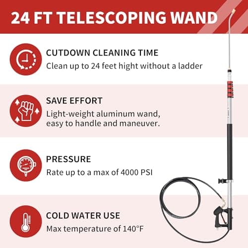 24 FT Gutter Cleaning Tools from The Ground - Telescoping Pressure Washer Wand - Gutter Cleaner Attachment with Power Washer Extension Wands, 7 Spray Nozzle Tips, 2 Hose Adapters and Support Belt