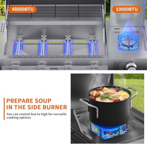 SKOK 4-Burner Propane Gas BBQ Grill with Side Burner & Porcelain-Enameled Cast Iron Grates,Stainless Steel Grill with 544 Sq. In. Grilling Area for Outdoor Cooking,58,000 BTU Output