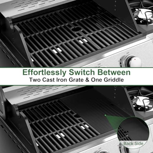 3-Burner Propane Grills with Side Burner, BBQ Gas Grill with Cast Iron Grates and Griddle, Garden Barbecue Grill for Backyard, Camping, Patio, 27,500 BTU