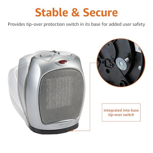 Amazon Basics Oscillating Ceramic Space Heater, Portable Heater for Indoor Use, for Office and Home, With Overheat and Tip-Over Protection, Thermostat, 1500W, Silver, 7.52"D x 6.34"W x 9.45"H
