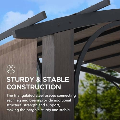 Sunjoy 10’ x 12’ Pergola, Outdoor Steel Arched Pergola with Adjustable Canopy and Natural Woodgrain Metal Posts for Patio, Backyard, and Garden, Tan…