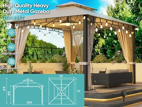 Patio Gazebo 10x12, Outdoor Gazebos, Heavy Duty Gazebo Soft Top Gazebos, Metal Frame Canopy with Double Roofs, Anti-UV Shelter with Privacy Curtains and Netting for Patio Deck Backyard Garden Lawns
