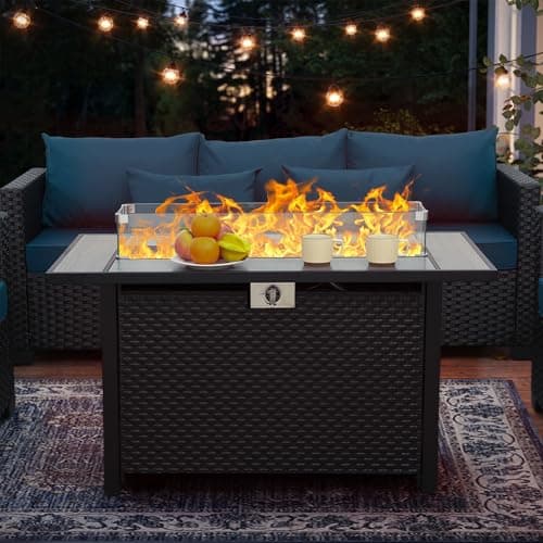 45 Inch Fire Table for Outside 60000 BTU Steel Gas Fire Pit Outdoor Fire Pit Table with Woodgrain Marble Tabletop Glass Wind Guard Cover and Blue Crystal Beads