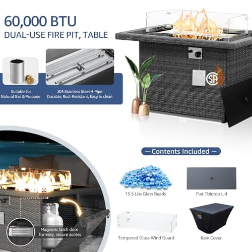 NICESOUL Wicker Propane Fire Pit Table, 60000 BTU Large Natural Gas Firepit Tables, 43'' Rectangle CSA Fireplaces for Deck Backyard, Fire Table with Windguard&Glass Rocks&Cover, Gray
