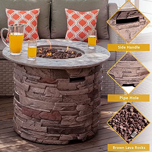 COSIEST Outdoor Propane Concrete Fire Pit Table w Imitation Stone Surface 32-inch Round Fire Table, CSA Certified, 40,000 BTU Stainless Steel Burner, Free Lava Rocks, Fits 20lb Tank Inside