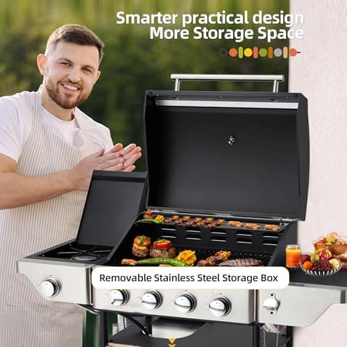 4-Burner Propane Gas Grill with Side Burner, Stainless Steel Spice Rack 542 Sq.In BBQ, 45,000 BTU Portable Propane Grill Output for Outdoor Cooking Kitchen, Barbecue Garden Patio Backyard