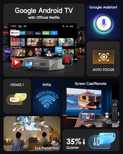 4K Projector HDR Netflix Certified, 1800ANSI Daylight Use, Dolby Audio, NFC, Smart TOF Autofocus, Shorter Throw, WiFi 6, Bluetooth 5.4, HDMI ARC, Proyector 4K Ultra HD Movie Gaming TV High Brightness