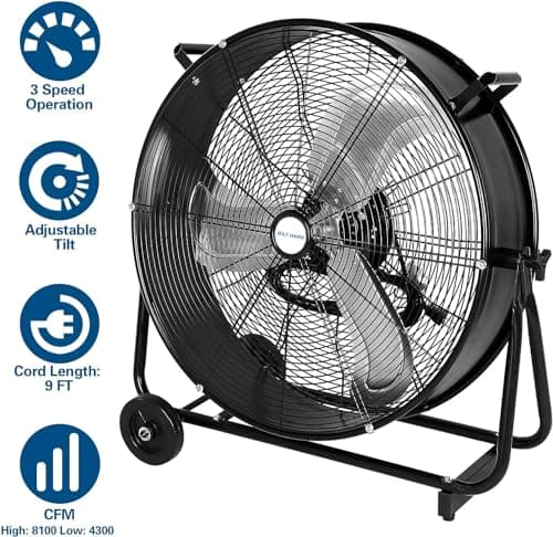 BILT HARD 24" 8100 CFM High Velocity Industrial Drum Fan, 3-Speed Heavy Duty Metal Shop Fan for Warehouse, Workshops, Garage, Factory and Basement - UL Listed
