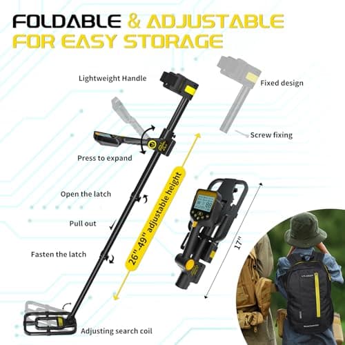 Metal Detector for Adults Professional, Rechargeable Lithium Battery Powered, Adjustable Retractable Foldable Metal Detector Waterproof High Accuracy Gold Detector, Backlit LCD Display