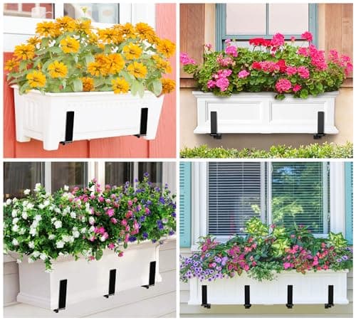 Y&M 2 Pack Adjustable Planter Box Brackets (6 to 12.5 in), Universal Window Box Brackets, Heavy Duty Iron Flower Box Wall Mounting Hooks for Balcony, Fences, Patio, and Garden - Black