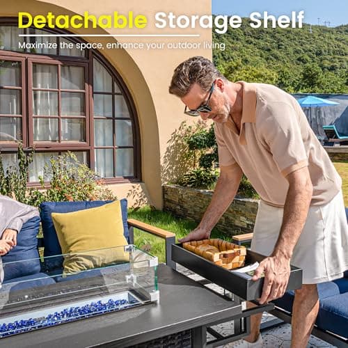Sundale Outdoor 52 Inch Outdoor Fire Pit Table, 50000 BTU Propane Fire Pits with Storage Shelf, Glass Wind Guard and Lid, Wicker Patio Gas Fire Pit for Outside Patio and Garden, CSA-Listed(Grey)
