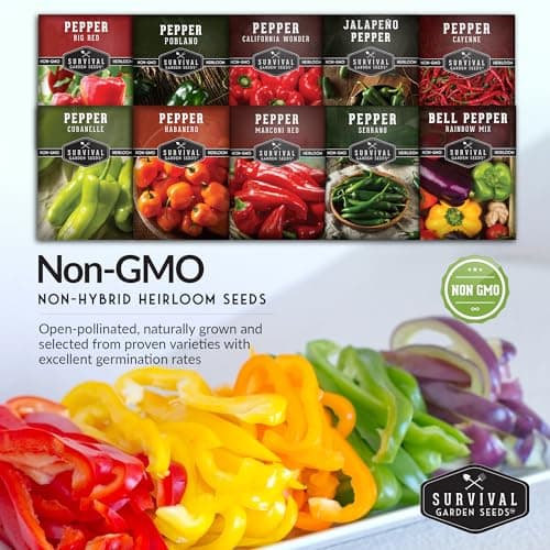 10 Pepper Variety Pack Seed Vault - Serrano, Big Red, California Wonder, Cayenne, Cubanelle, Orange Habanero, Jalapeño, Marconi, Rainbow Bell, Poblano Pepper - Non-GMO Heirloom Survival Garden Seeds
