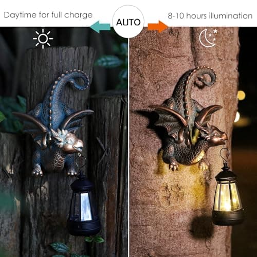Dragon Solar Garden Statue - Gothic Outdoor Wall Hanging Decor with Solar Light, Fantasy Dragon Figurine for Patio, Yard, or Tree - Unique Whimsical Gift for Adults, Men & Women