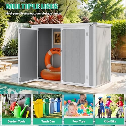 4.7x2.5ft Horizontal Resin Shed with Floor, 34.5 Cu Ft Outdoor Storage Shed for Trash Cans and Garden Tools, Waterproof Plastic Outdoor Shed for Lawn Mower, Pool Toys, Bicycle (Gray)