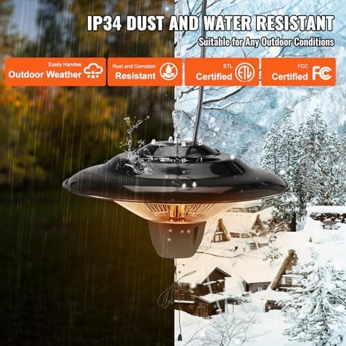 VEVOR Hanging Patio Heater, 1500W Outdoor/Indoor Electric Space Infrared Heater, IP34 Protection Ceiling Heater with 23.6 inch Pull Cord & 20 inch Adjustable Chain, for Porch,Patio,Dining Room,Studio