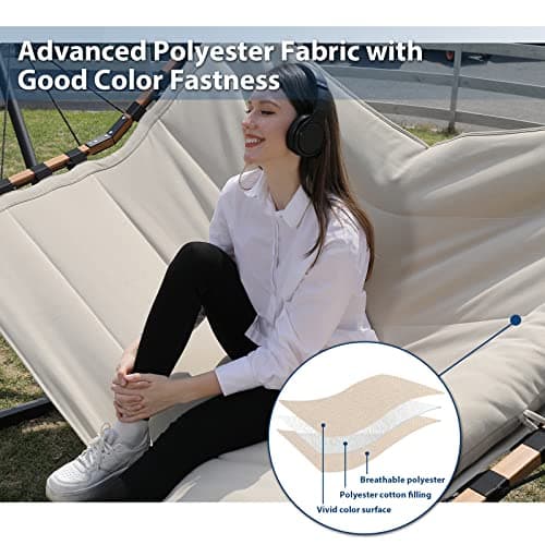TegerDeger 12FT 2 Person Hammock Large Hammock 450LB Capacity with V Shaped Hardwood Spreader Bar & Nylon Rope for Outside, Patio, Garden, Backyard, Beach, Poolside - Beige