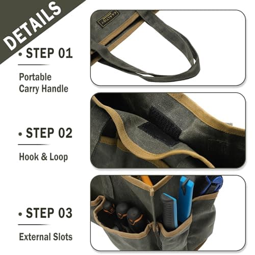 Tool Tote Bag, Heavy Duty 16oz Waxed Canvas Garden Tool Bag | Portable 11-Pocket Tool Storage Bag for Gardener Electrician Contractor Repairman (14"L x 5.5"W x 10.5"H) – Army Green