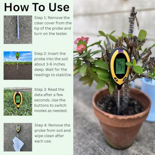 4-in-1 Soil Moisture Meter, High Precision, Digital Plant Temperature/PH Meter/Sunlight Intensity, Backlight LCD Display, Soil Test Meter for Gardening, Lawn, Farming, and Outdoor Plants