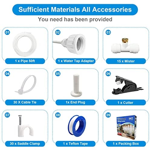 Misters for Outside Patio,Misting System for Cooling Outdoor,50Ft (15M),Water Mist Hose DIY Kit for Porch,Canopy,Deck,Umbrella,Garden,Greenhouse,Yard,Plants,Trampoline Sprinkler Accessories for Kids