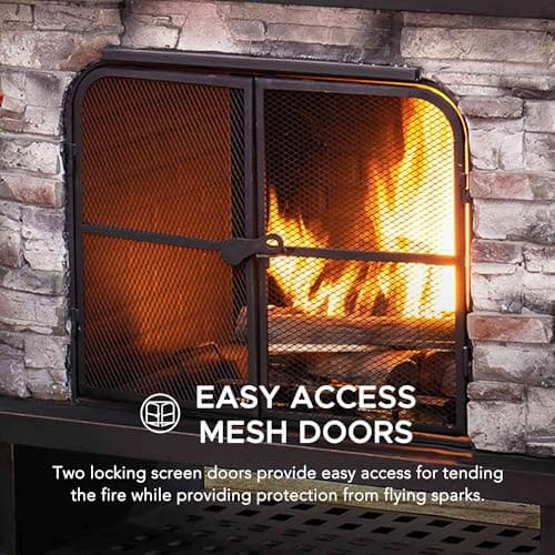 Sunjoy Outdoor Fireplace, Patio Wood Burning Fireplace with Steel Chimney, Mesh Spark Screen Doors, Fire Poker, and Removable Grate, Copper and Black