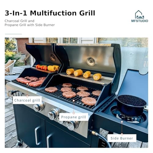 MFSTUDIO Gas and Charcoal Grill Combo with Side Burner, Porcelain-Enameled Cast Iron Grate, Extra Large Dual-Function BBQ Propane Smoker Grills for Outdoor Barbecue Cooking, 690 SQIN Cooking Area