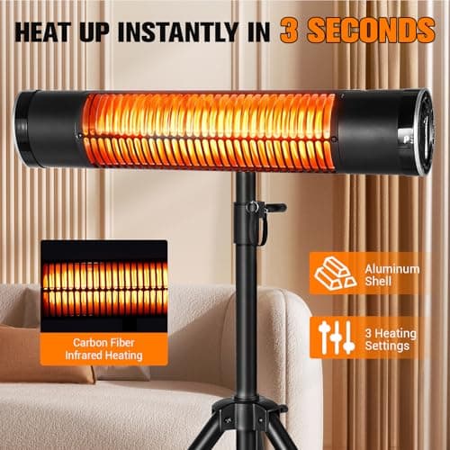 Outdoor Electric Heater, 1500W Outdoor Heaters for Patio, Tripod Mounted Infrared Heaters with Remote, Radiant Patio Heater with 3 Heat Settings, 8H Timer for Outdoor, Garage, Yard