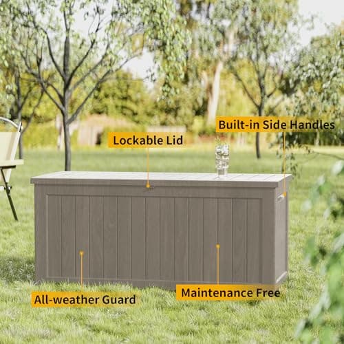 230 Gallon Lockable Resin Deck Box, Waterproof Outdoor Storage Box for Patio Furniture, Garden Tools, Pool Accessories, UV-Resistant Outside Delivery Brown