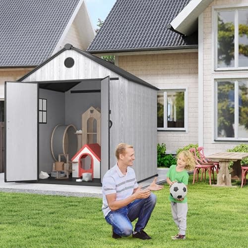 8 x 8 FT Resin Storage Shed Outdoor Storage Shed Storage Sheds Outdoor with Floor, Side Window, Plastic Shed with Lockable Door, Front Rear Vents for Backyard, Garden, Patio (8x8 FT)