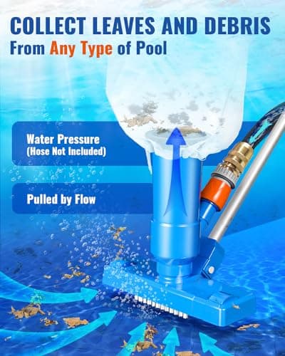 Portable Pool Vacuum for Above Ground Pool, Jet Underwater Cleaner with 3 Scrub Brush, Mesh Bag and 5 Section Pole of 47", Attach to Common Garden Hose, Light Blue