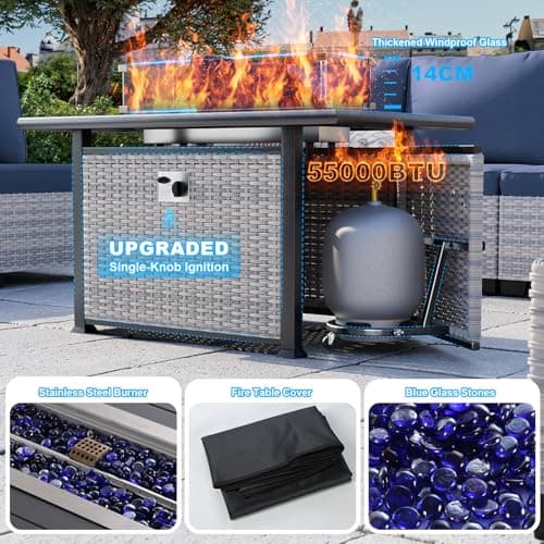 18-Piece Patio Furniture Set, Outdoor Patio Furniture with 55,000 BTU Fire Pit Table, Swivel Chairs Set, Thick Cushions, Modular Patio Sofa, Dual-Strand Wicker Rattan, Rust-Resistant Frame,Navy Blue