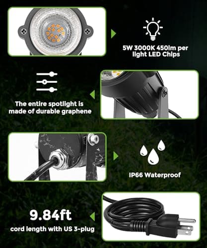 LOHAS Landscape Spot Lights Outdoor, 5W Dusk to Dawn Outdoor Lighting, LED Spotlights for Yard, 120V 450LM Outside Lights for House, 9.84-ft Cord, IP66 Waterproof 3000K, UL Listed 2 Pack