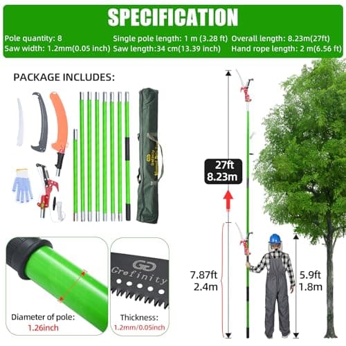 27FT Manual Pole Saw, Tree Branch Trimmer with 8-Section Fiberglass Handle, Sharp Steel Blade and Scissors, Lightweight Extendable Design for High Branch Trimming, Ideal for Palms and Shrubs