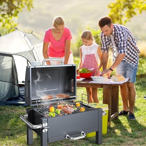 Portable Charcoal Grill, Tabletop Charcoal Grill, Small BBQ Grill with 2-layer Grates and Thermometer(100-800°F), Outdoor Charcoal Smoker for Camping, Picnic, Hiking, Beach and Travel