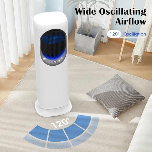 4 IN1 Evaporative Air Cooler, Swamp Cooler with 4L Water Tank, Tower Fan with Humidification, Fan and Heater Combo, 120°Oscillating, Remote, 12H Timer, 2 Ice Packs (Panel-Crescent)