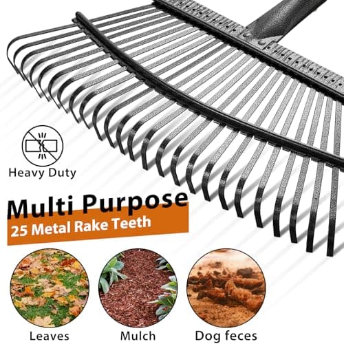 Rake,65 Inch Garden Leaf Rake Set, Wide Heavy Duty Leaves Raking Tools with 25 Metal Tines, 32 Gallon Leaf Bags and Scoops, Yard Garden Thatching Rakes for Lawn Flower Bed Grass Mulch Shrub