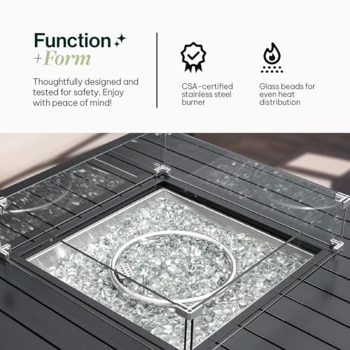 42-Inch Square Propane Gas Fire Pit Table: 50,000 BTU Aluminum Slat Top w/Lid, Stainless Steel Burner, Windguard, 8KG Glass Beads, 300D PVC Cover, CSA-Listed
