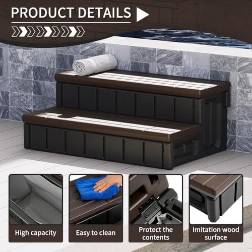 KUAFU Universal Spa Hot Tub Step with Storage Outdoor Indoor Compartment Spa 2-Step Stool Pool Ladder Plastic Handi Step Slip Resistant Striped Brown+Black