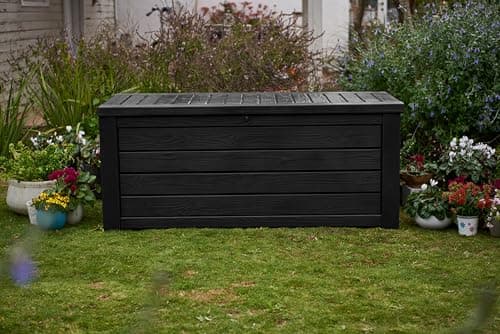 Keter Outdoor Storage Deck Box, 150 Gallon Resin Patio Bin & Bench, Solid, Dark Grey